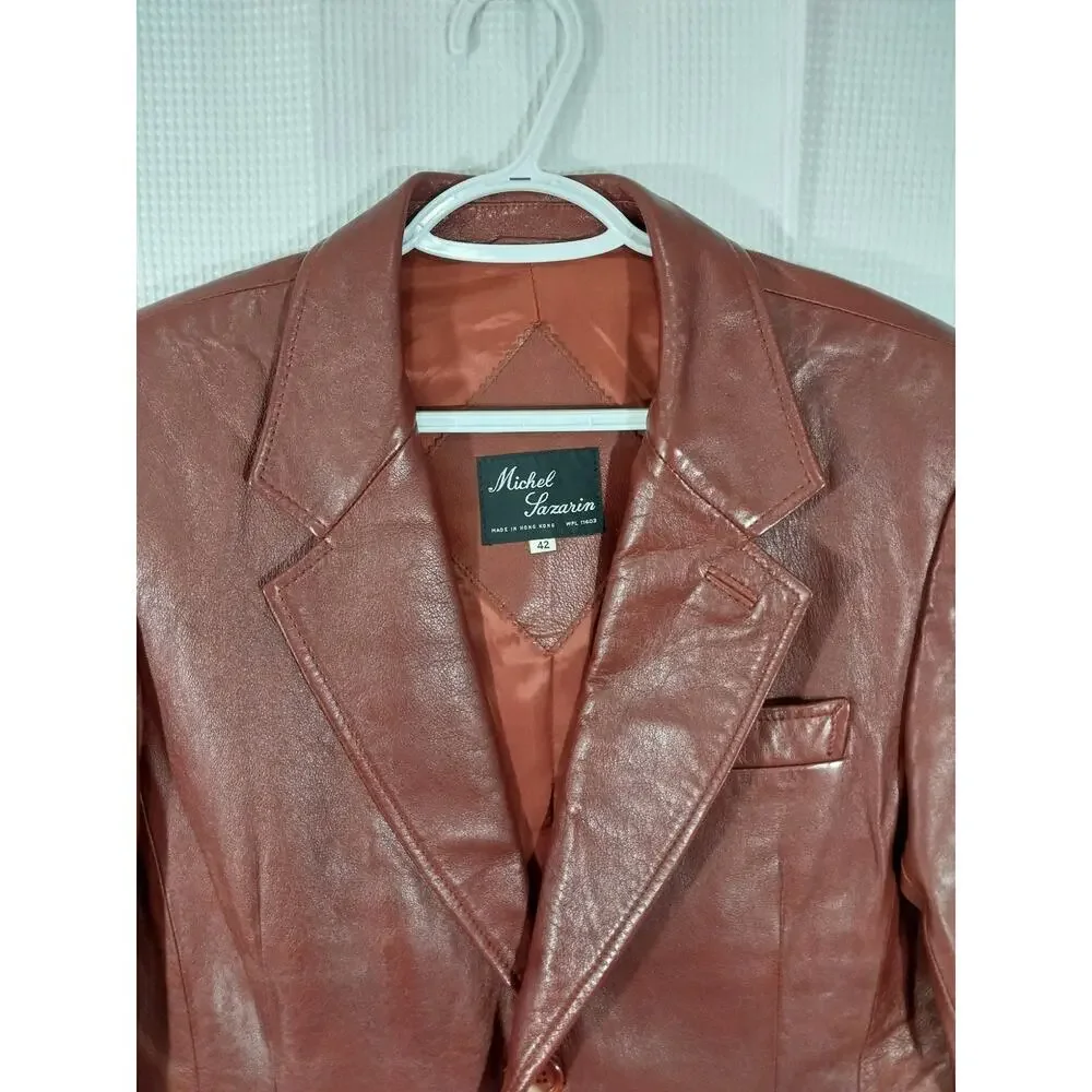 MICHEL SAZARIN! GORGEOUS BURGUNDY BROWN/RED GENUINE LEATHER JACKET BLAZER! SZ 42